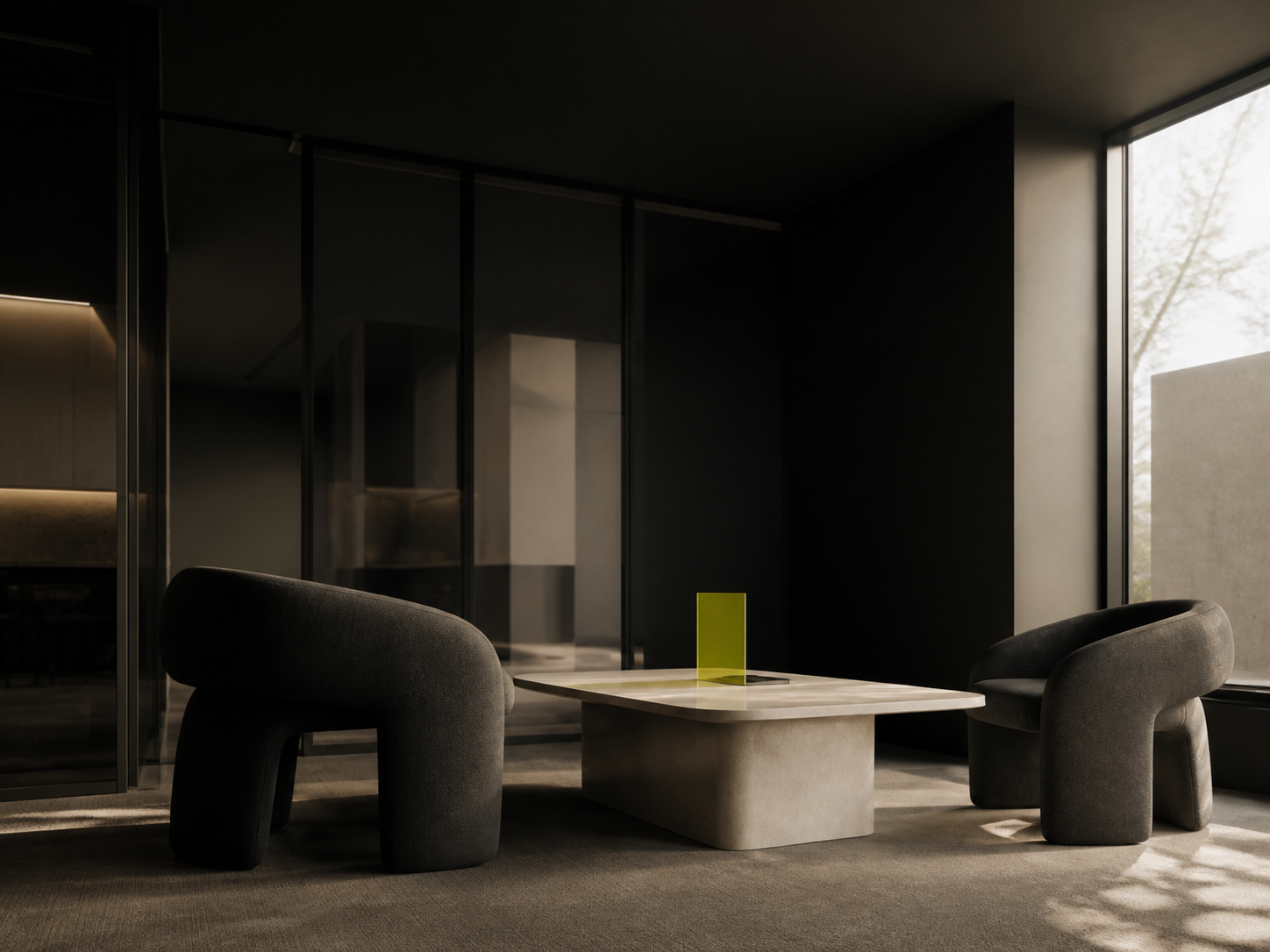 A quiet architectural meeting space prepared for a business conversation