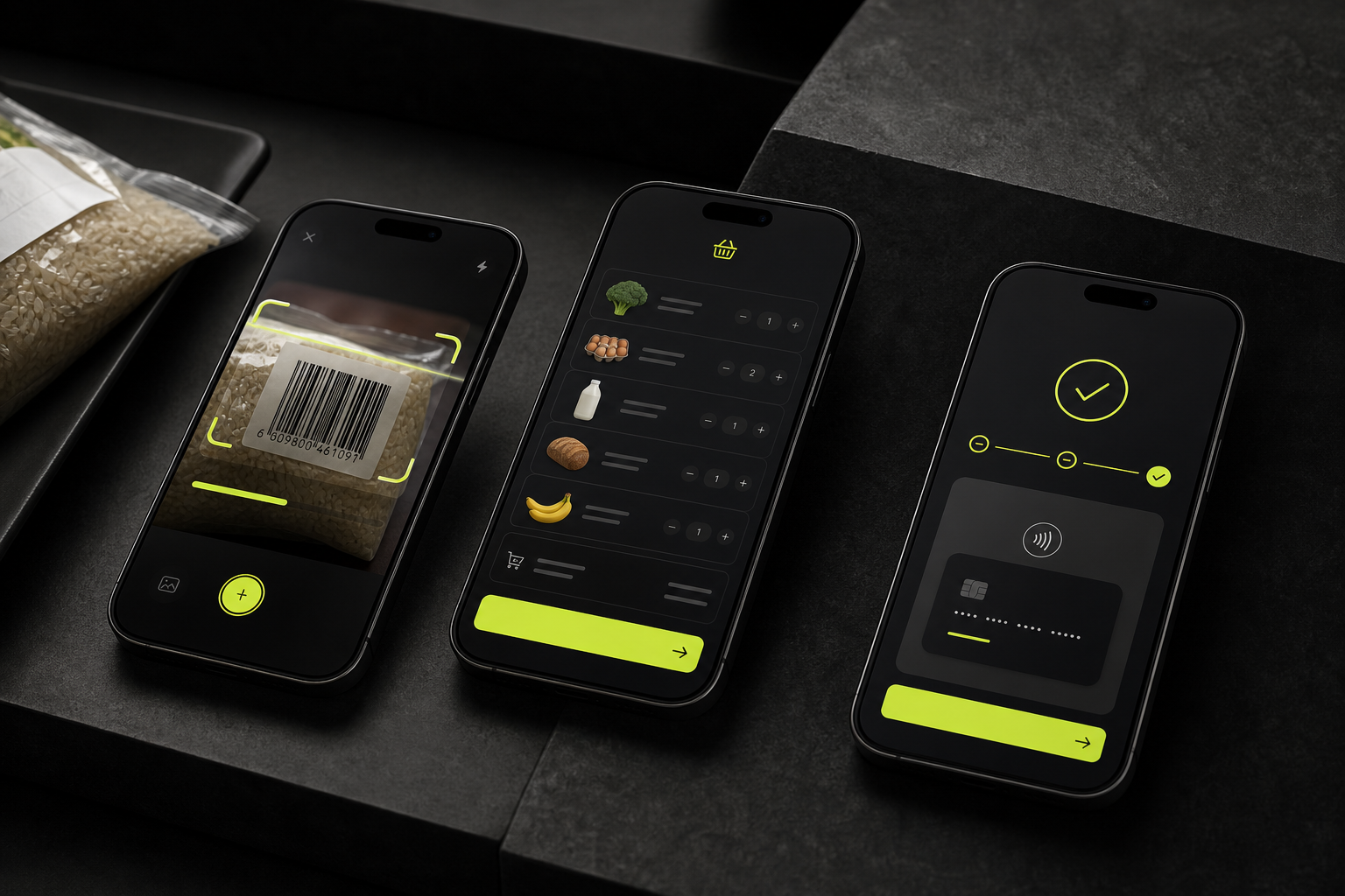 Three mobile screens demonstrating product scanning, a digital basket and payment checkout